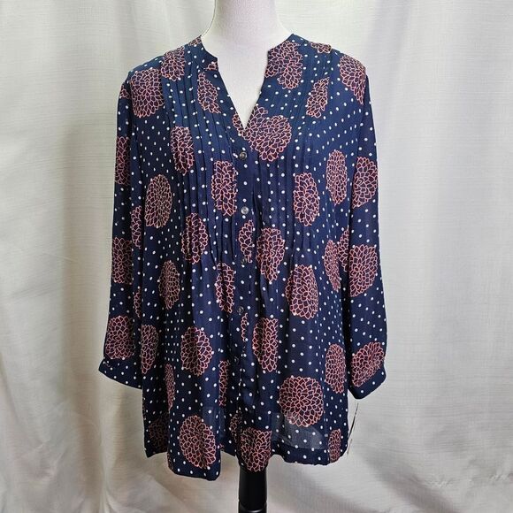 Charter Club Navy Blue Floral Pintuck Button Down Blouse Size XL - Picture 1 of 8